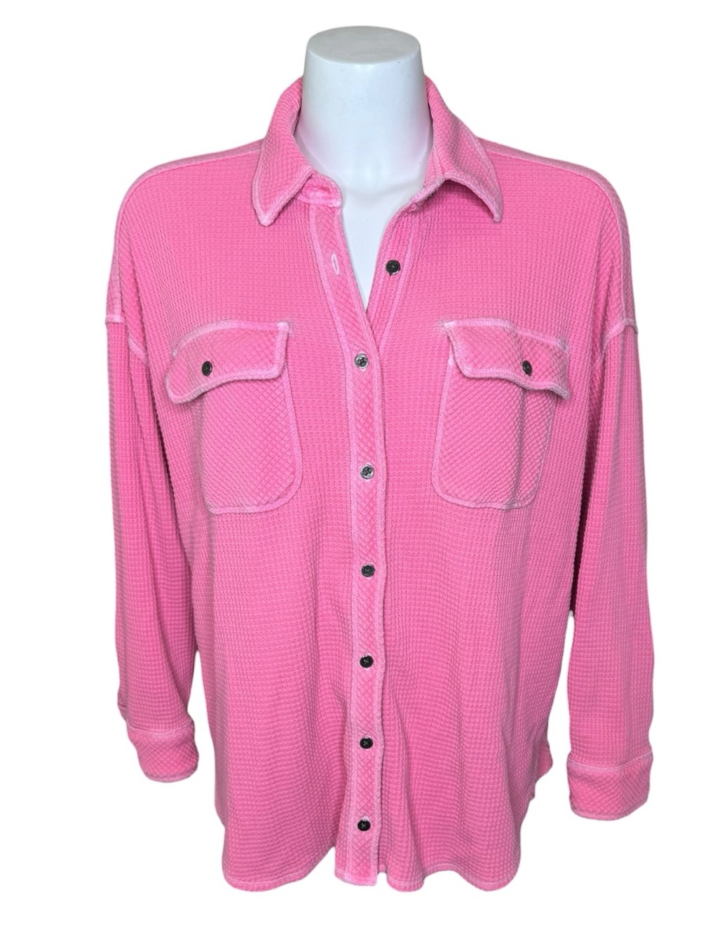 Aerie Lumber Jane Waffle Knit Button-up Shirt S Pink Oversized